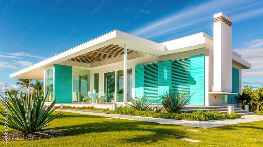 modern villa with Bahama shutters in bright turquoise, making a bold architectural statement modern villa with Bahama shutters in bright turquoise, making a bold architectural statement