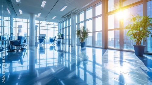 Modern Office Space with Large Windows and Sunlight, Empty Desk and Chair, City Skyline View © Priya