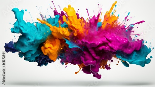 Dynamic cmyk toner explosion on white background  symbolizing creativity and printing process