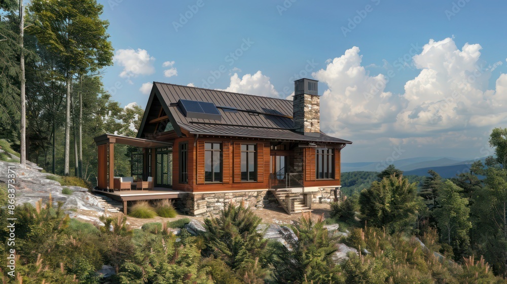 mountaintop cabin with Bahama shutters in earth tones, integrating the home with the natural landscape and offering stunning views mountaintop cabin with Bahama shutters in earth tones, integrating the home with the natural landscape and offering stunning views