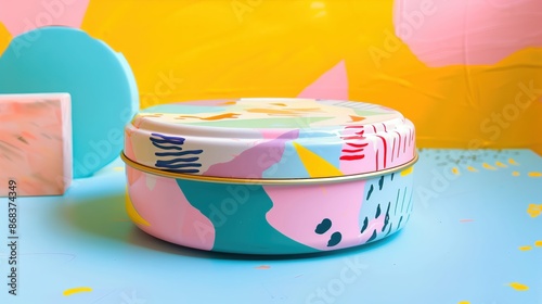 New Nostalgia: Abstract 90s Cake Tin with Vibrant Colors, Modern Design, and Bold Patterns