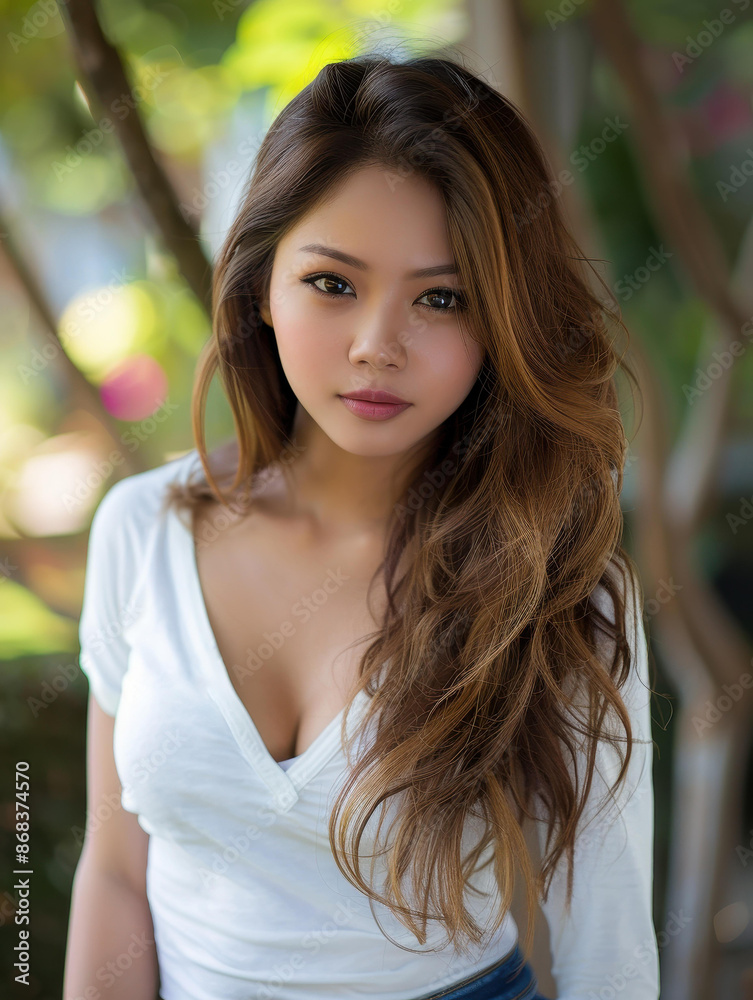 Stunning Thai girl, realistic, long wavy hair, dark brown eyes, stylish outfit, hyper detailed photography