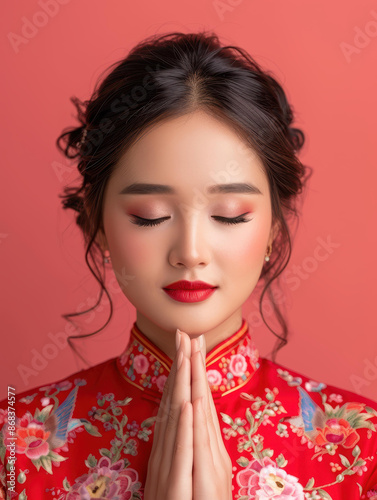 A young woman in traditional dress prays, influenced by ancient Chinese art, in light red and gray. Ethical, relatable, diverse. photo