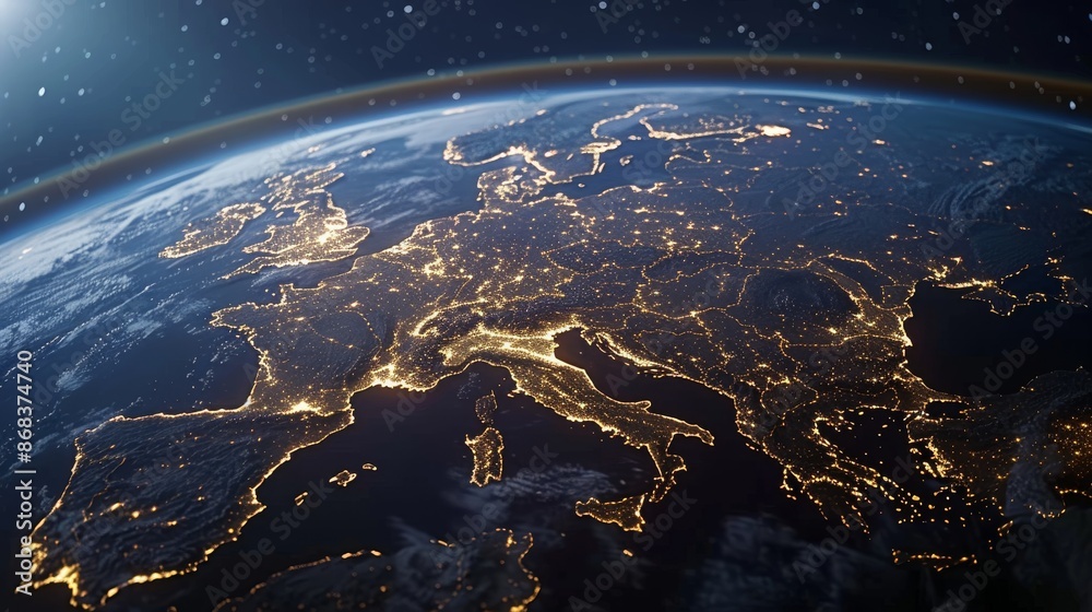Europe at Night from Space with Bright Lights Shining Through the Atmosphere - Generative AI