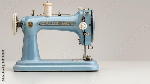 A crisp and clear photo of a classic blue treadle sewing machine