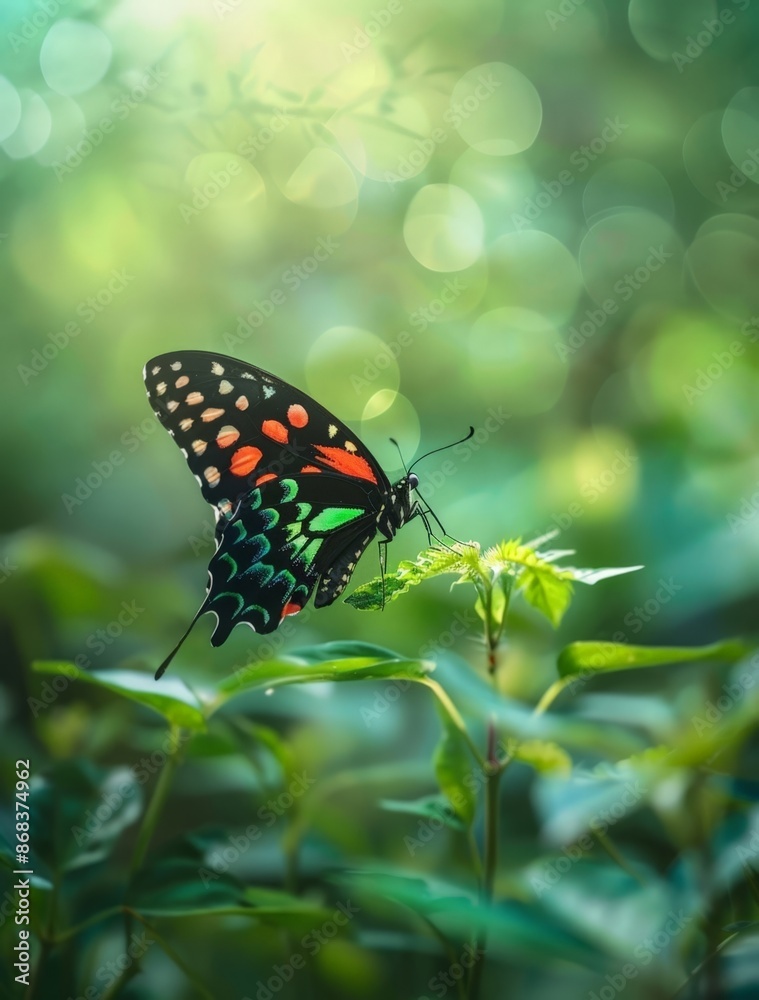 Fototapeta premium Vivid Butterfly Perched on Green Leaf Amidst Blurred Forest Background