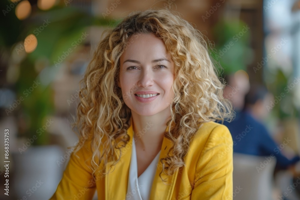 Smiling Woman with Curly Hair, Wearing a Yellow Blazer in a Modern Cafe Setting Smiling Woman with Curly Hair, Wearing a Yellow Blazer in a Modern Cafe Setting