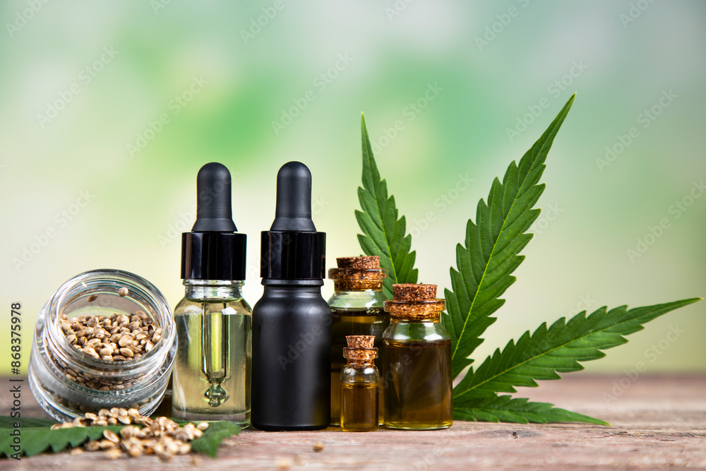 Cannabis leaf with hemp seeds and marijuana oil, cbd Cannabis leaf with hemp seeds and marijuana oil, cbd