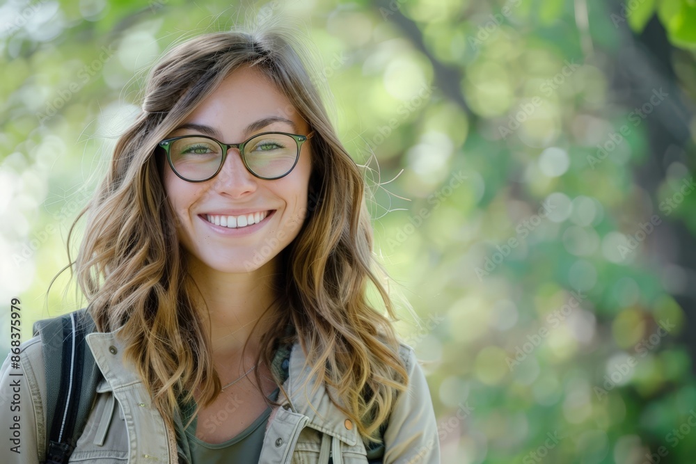 Smiling Woman with Glasses, Outdoor Setting, Blurred Background Smiling Woman with Glasses, Outdoor Setting, Blurred Background