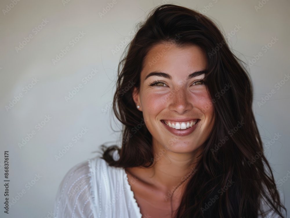 Smiling Woman with Long Dark Hair and White Blouse Smiling Woman with Long Dark Hair and White Blouse