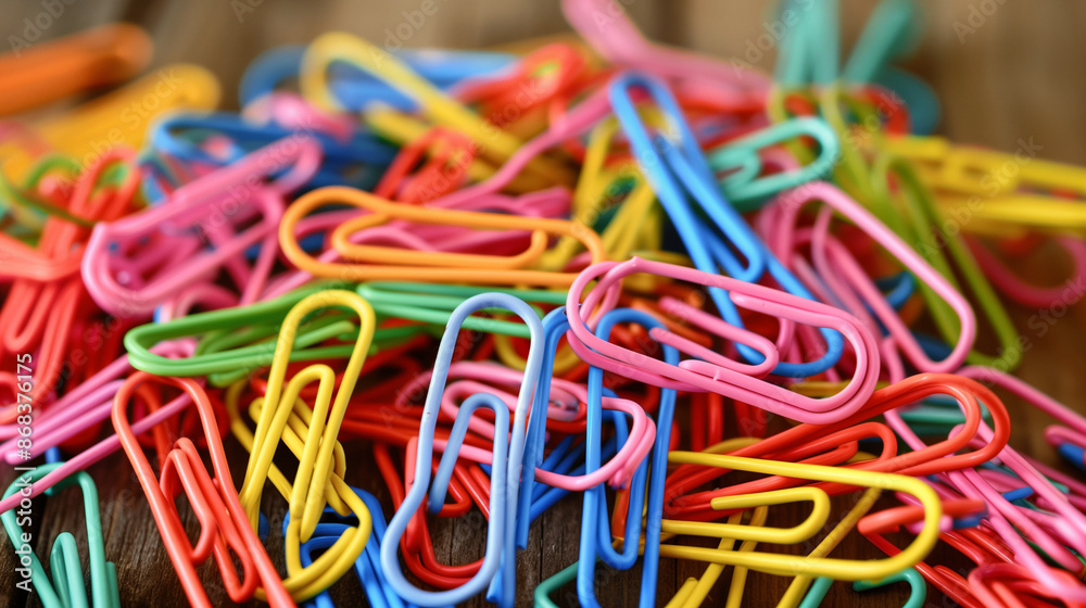 A Collection of Brightly Colored Paperclips on Wooden Surface A Collection of Brightly Colored Paperclips on Wooden Surface