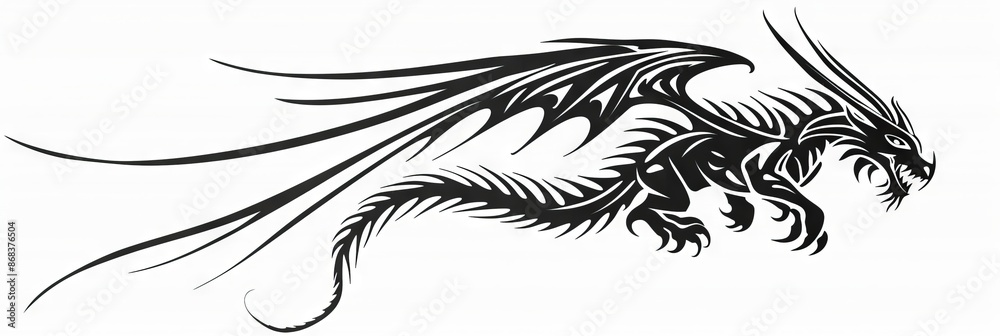 Fototapeta premium Dragon Tattoo Isolated, tribal wyvern silhouette, Black White Dragon, Abstract Generative AI Illustration