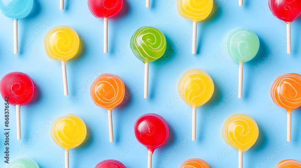 Pattern of lollipops against blue background, Top view of colorful lollipop on a stick Pattern of lollipops against blue background, Top view of colorful lollipop on a stick