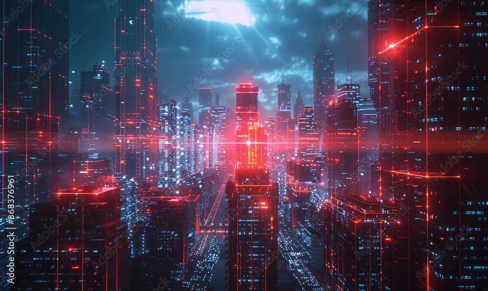 Futuristic Cityscape with Red and Blue Lights