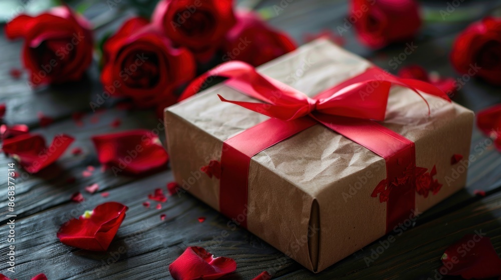 beautifully wrapped gift box. The gift box is wrapped in light brown paper and decorated with a red ribbon beautifully wrapped gift box. The gift box is wrapped in light brown paper and decorated with a red ribbon