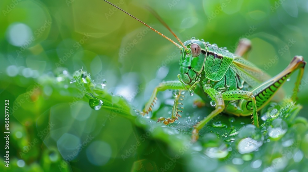 A green grasshopper is standing on a leaf in the rain A green grasshopper is standing on a leaf in the rain