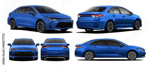 Realistic vector isolated blue car collection in transparent background.
