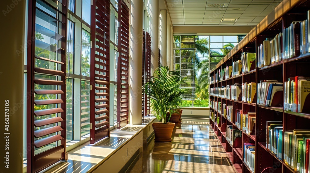 Fototapeta premium public library with Bahama shutters in scholarly maroon, evoking a sense of academia and quiet study
