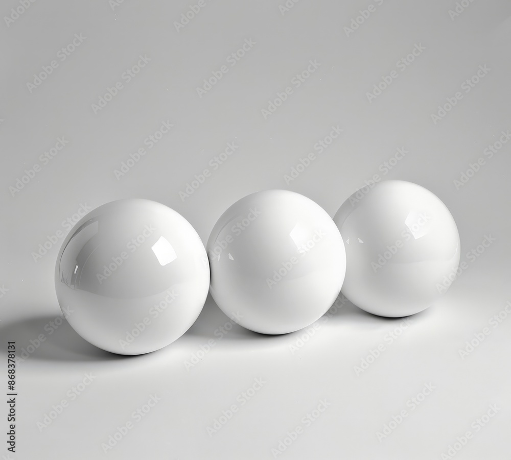 Three Glossy White Sphere Ornaments on a Light Gray Background Three Glossy White Sphere Ornaments on a Light Gray Background