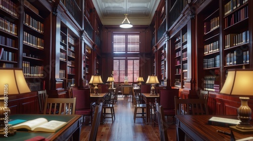 Wallpaper Mural public library with Bahama shutters in scholarly maroon, evoking a sense of academia and quiet study Torontodigital.ca