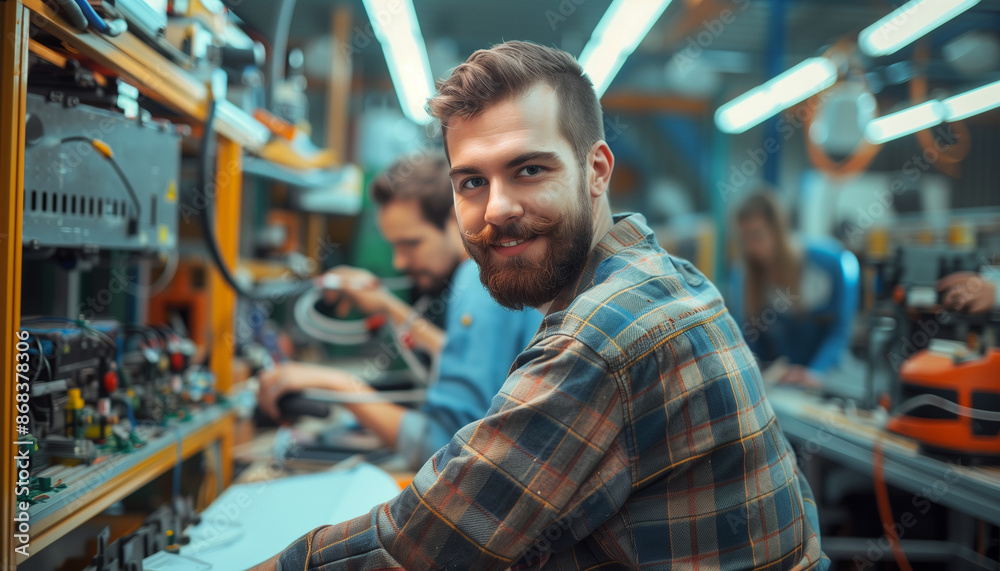 Positive worker in a good mood using modern devices in the workshop. Positive worker in a good mood using modern devices in the workshop.