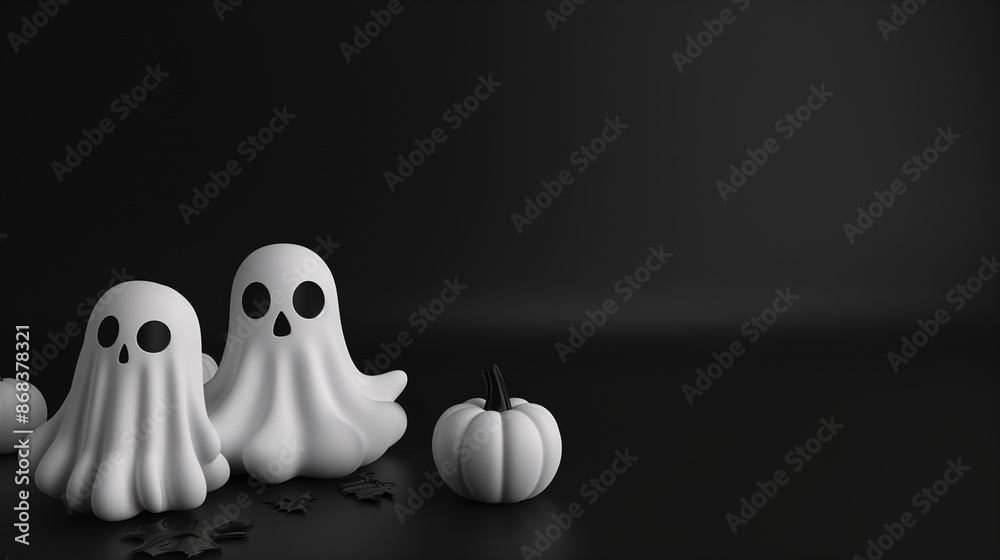 White Ghost and white Jack O'Lantern pumpkins are placed on a black plain background with copy space for text, suit for Halloween background. White Ghost and white Jack O'Lantern pumpkins are placed on a black plain background with copy space for text, suit for Halloween background.