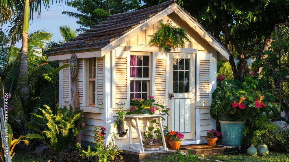 Fototapeta premium quaint garden shed outfitted with miniature Bahama shutters, adding a decorative and practical touch to the backyard