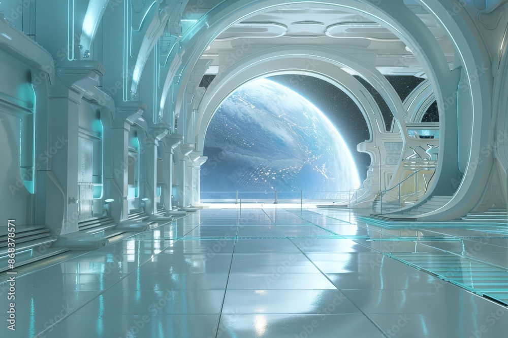 Obraz premium Futuristic spaceship interior with a view of a blue planet through a large window, concept of space travel, exploration, and future technology
