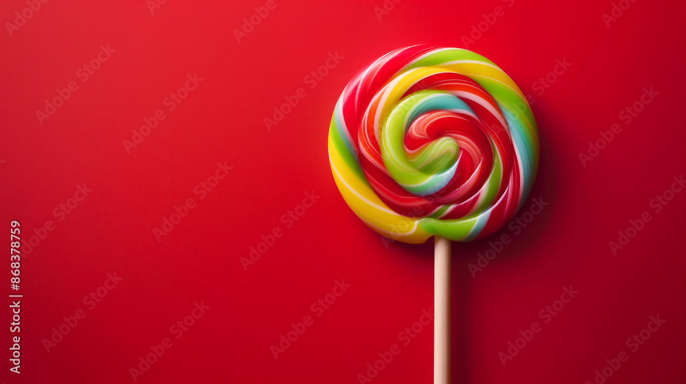 Lollipop on a stick on a red background, Colorful sweet treat lolly for kids with copy space Lollipop on a stick on a red background, Colorful sweet treat lolly for kids with copy space