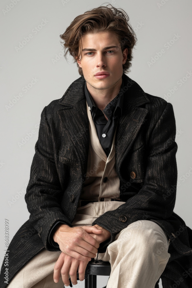 16 A male fashion model posing with elegance in a chic outfit, full body, simple solid background, studio lighting, a minimalist composition, 16 A male fashion model posing with elegance in a chic outfit, full body, simple solid background, studio lighting, a minimalist composition,