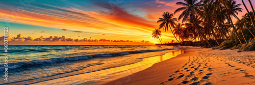 A serene beach scene at sunset, with the warm glow of the setting sun casting long shadows and painting the sky with hues of orange and pink.