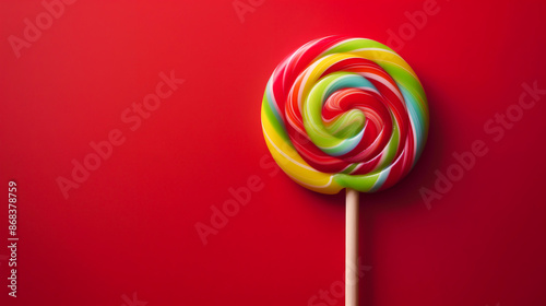 Lollipop on a stick on a red background, Colorful sweet treat lolly for kids with copy space © Anthichada