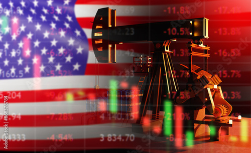 Oil crisis in USA. Red price quotes for petroleum. Oil pump. Falling fuel prices. Oil industry crisis. Petroleum deposit in USA. Recession due to lack of energy resources in USA. 3d image