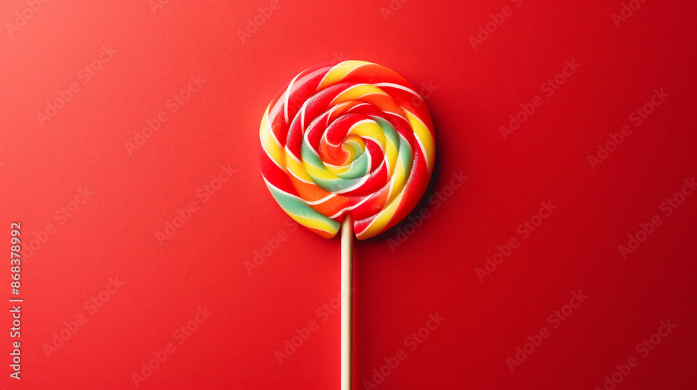 Lollipop on a stick on a red background, Colorful sweet treat lolly for kids with copy space Lollipop on a stick on a red background, Colorful sweet treat lolly for kids with copy space