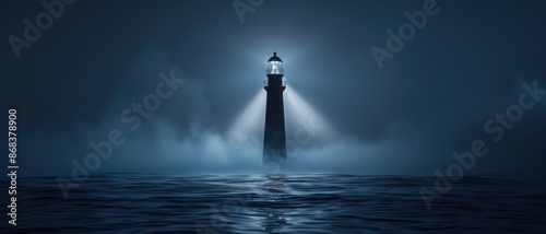 Lonely lighthouse beam sweeping over dark sea photo