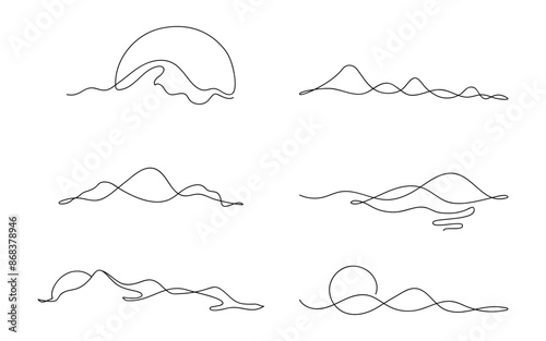 Set of dunes or mountains in minimalist art. Sketch. Design for symbol, presentation. Vector illustration continuous line drawing.