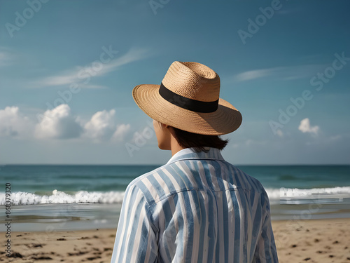 Back view portrait of a young man stand relaxing on the beach, white cloud blue sky and wear hat