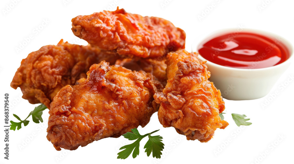 Fried chicken with tomato ketchup on transparent background Fried chicken with tomato ketchup on transparent background