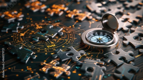 Several jigsaw pieces and a digital compass on a tech-inspired background with circuit patterns, featuring an empty sleek metal stand for a modern gadget.