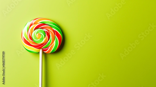 Lollipop on a stick on a green background, Colorful sweet treat lolly for kids with copy space