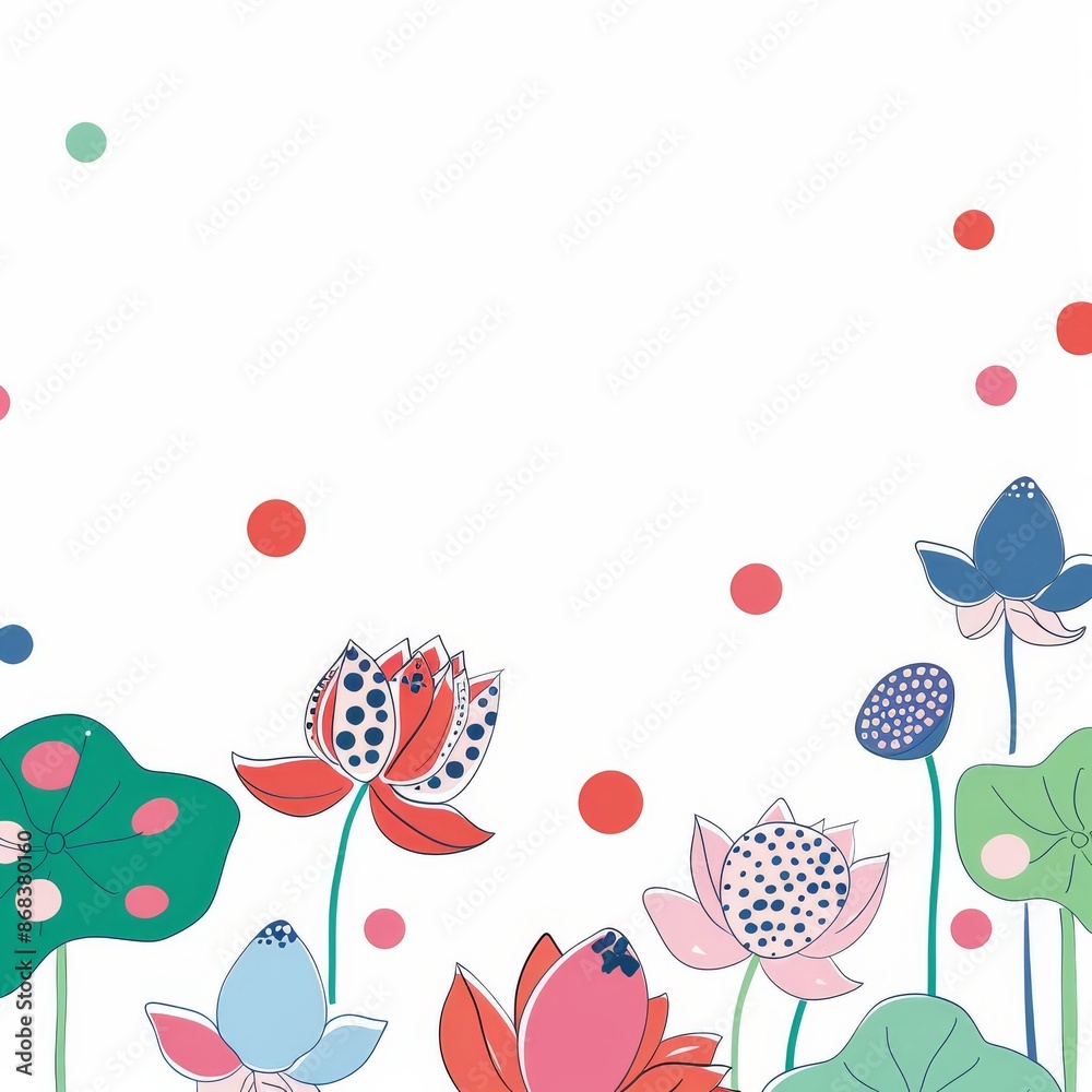 Chinese ink painting, with colorful polka dots and lotus flowers. Floral poster, invite. Vector arrangements for greeting card or invitation design Chinese ink painting, with colorful polka dots and lotus flowers. Floral poster, invite. Vector arrangements for greeting card or invitation design