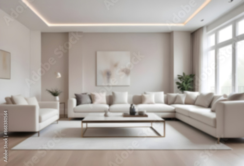 BLURRED background. Clean Aesthetic Scandinavian style living room or apartment .   © Gia