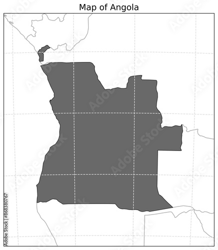 Map of Angola and its neighbouring territory shown alongwith grid lines