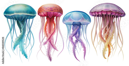 Four colorful jellyfish, cut out - stock png.