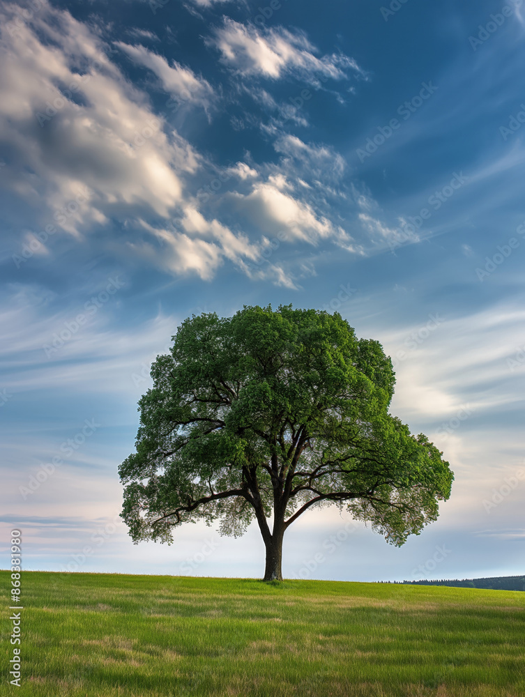 lone, majestic tree standing in the middle of a vast, green field under a clear blue sky with wispy clouds. The scene conveys a sense of serenity and solitude, with the tree as the central focus lone, majestic tree standing in the middle of a vast, green field under a clear blue sky with wispy clouds. The scene conveys a sense of serenity and solitude, with the tree as the central focus