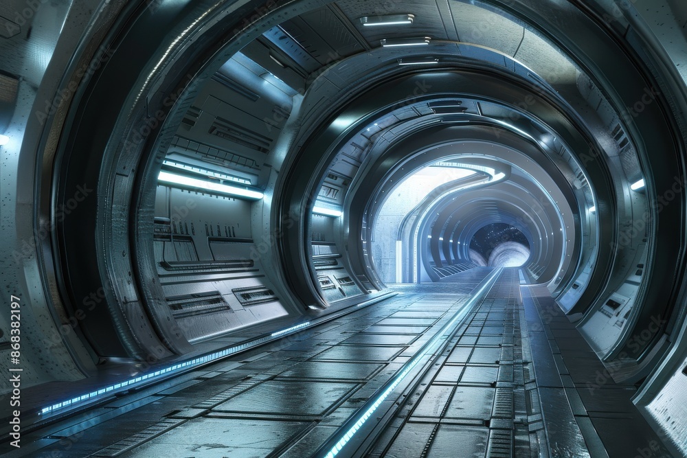 Futuristic metallic spaceship corridor with blue lights. Concept of science fiction, space travel, and technology. Futuristic metallic spaceship corridor with blue lights. Concept of science fiction, space travel, and technology.