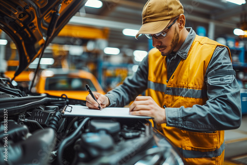 Car mechanic signing off checklist for vehicle repairs.