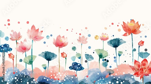 Chinese ink painting, with colorful polka dots and lotus flowers. Floral poster, invite. illustration, design, drawing, postcard