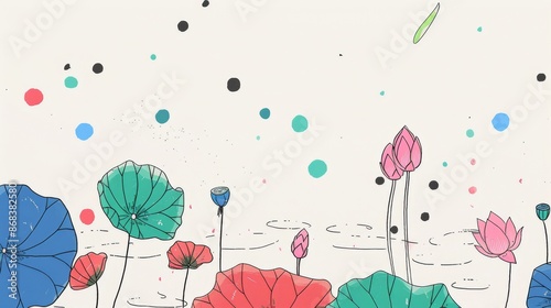 Chinese ink painting, with colorful polka dots and lotus flowers. Floral poster, invite. illustration, design, drawing, postcard
