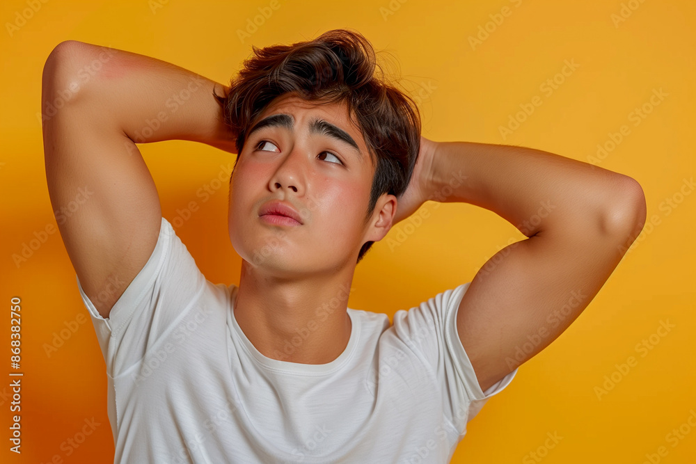 Portrait of a young asian male model flexing. 
